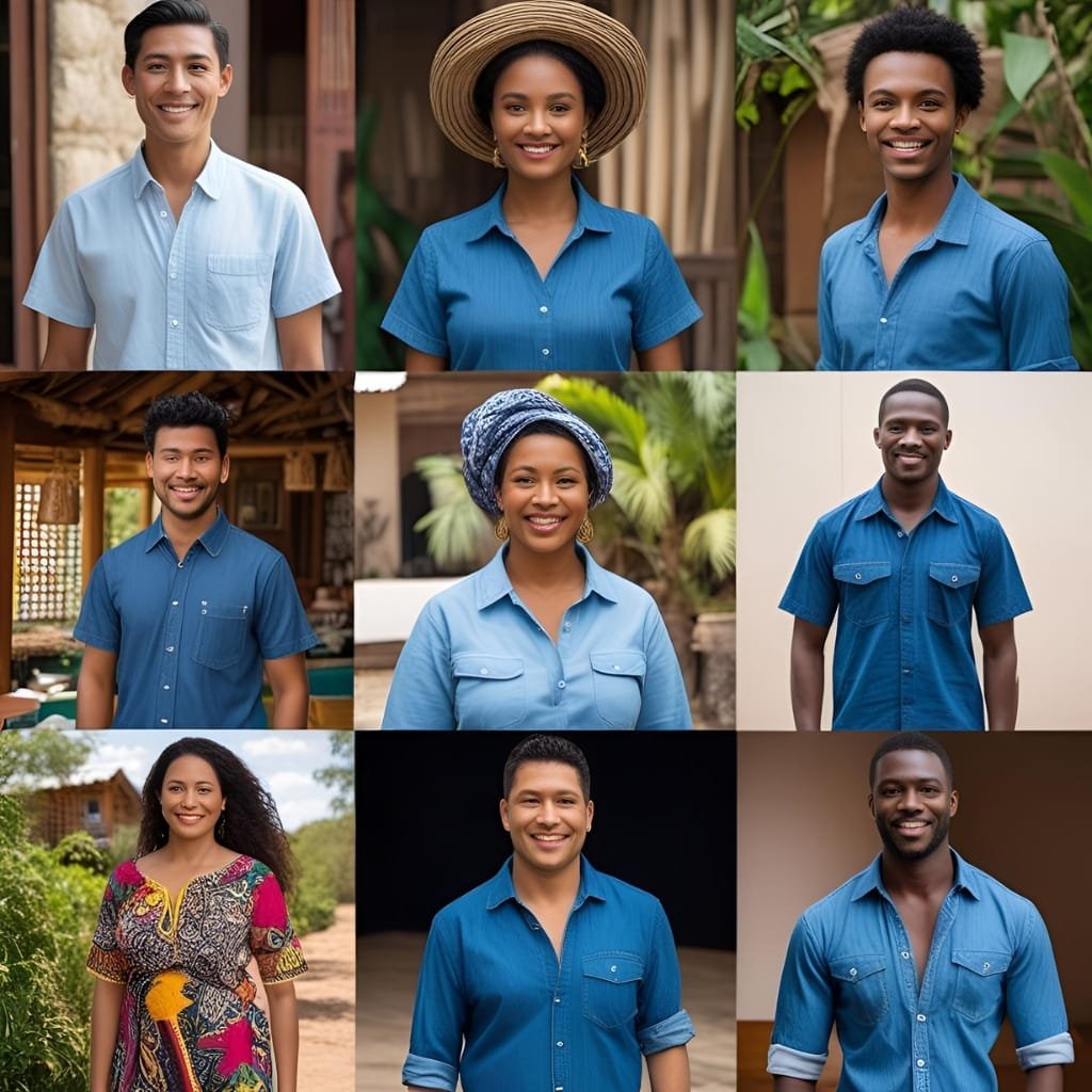 A collage of nine diverse individuals, each smiling and wearing a chambray shirt or garment, representing different cultures and styles.