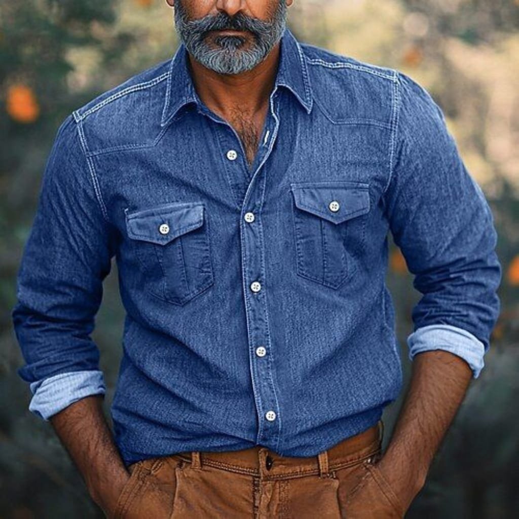  A man wearing a long-sleeved chambray summer shirt with the sleeves rolled up, paired with brown pants.