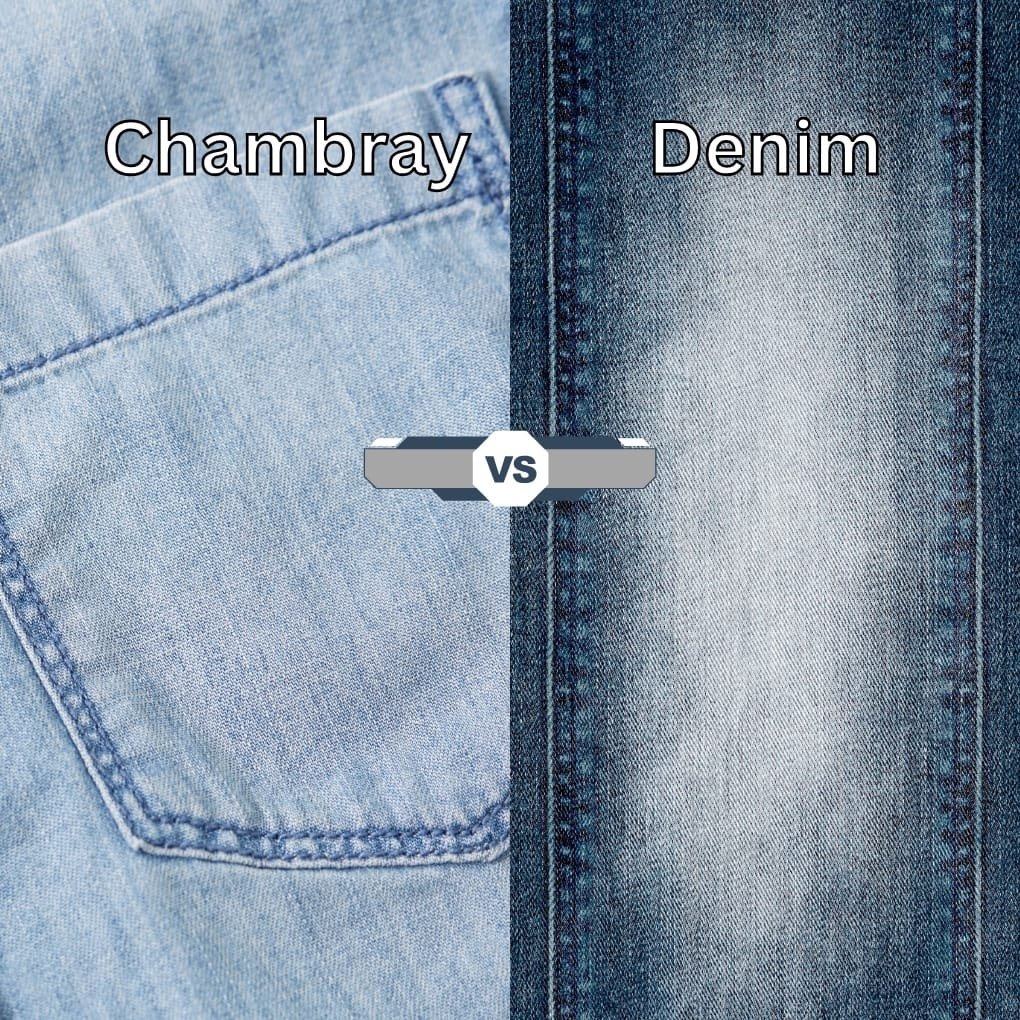  Close-up comparison of chambray and denim fabrics, with chambray showing a lighter, softer weave on the left and denim displaying a darker, more textured weave on the right. Labels indicate "Chambray" on the left and "Denim" on the right, with a "VS" in the center.