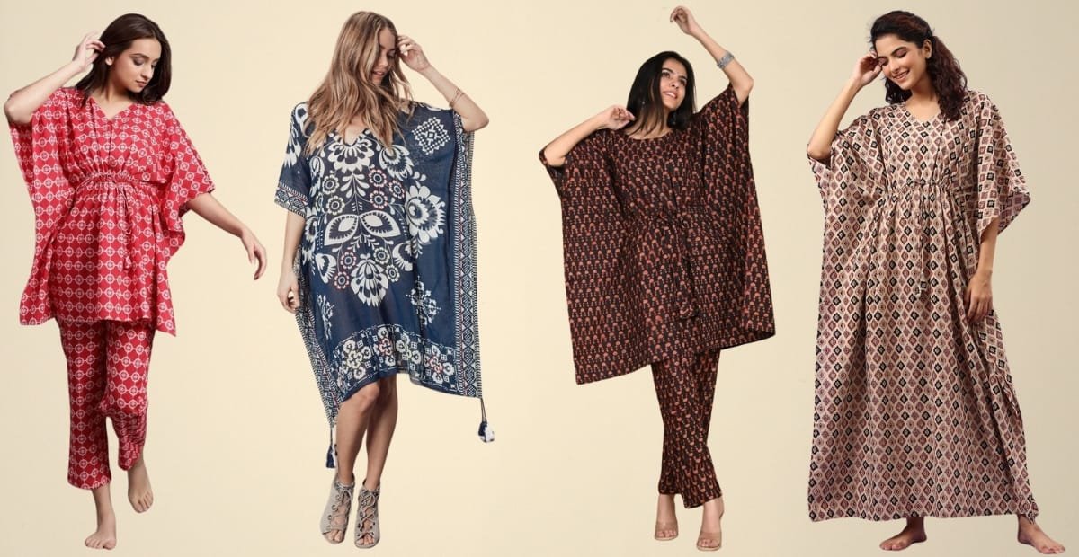 Four women modeling colorful cotton kaftan dresses in different patterns and colors, standing against a plain background.