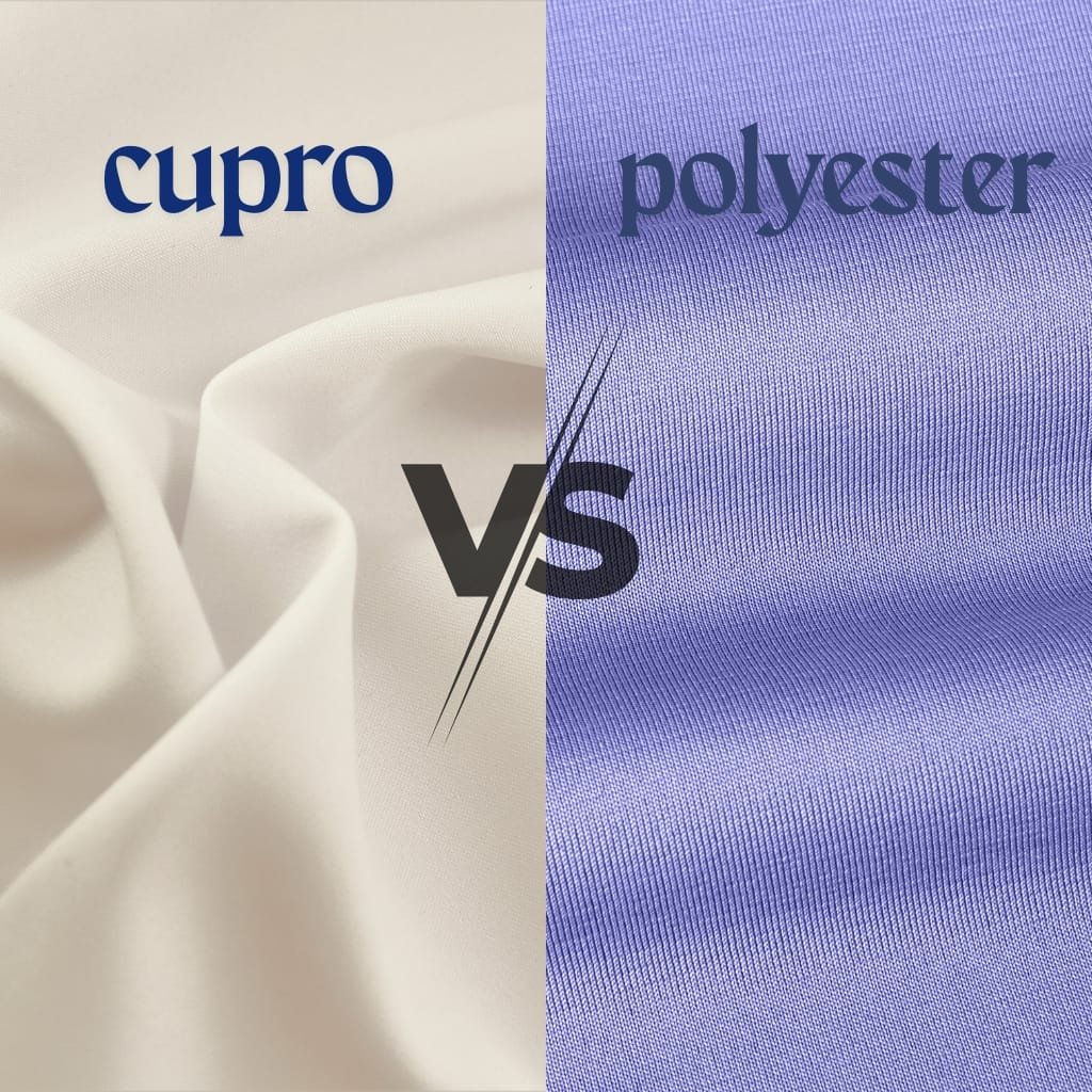 Close-up image displaying two types of fabric side by side. The left side shows a smooth, creamy white fabric labeled "cupro," and the right side features a shiny, purple fabric labeled "polyester." A "VS" in the center indicates a comparison between the two fabrics.