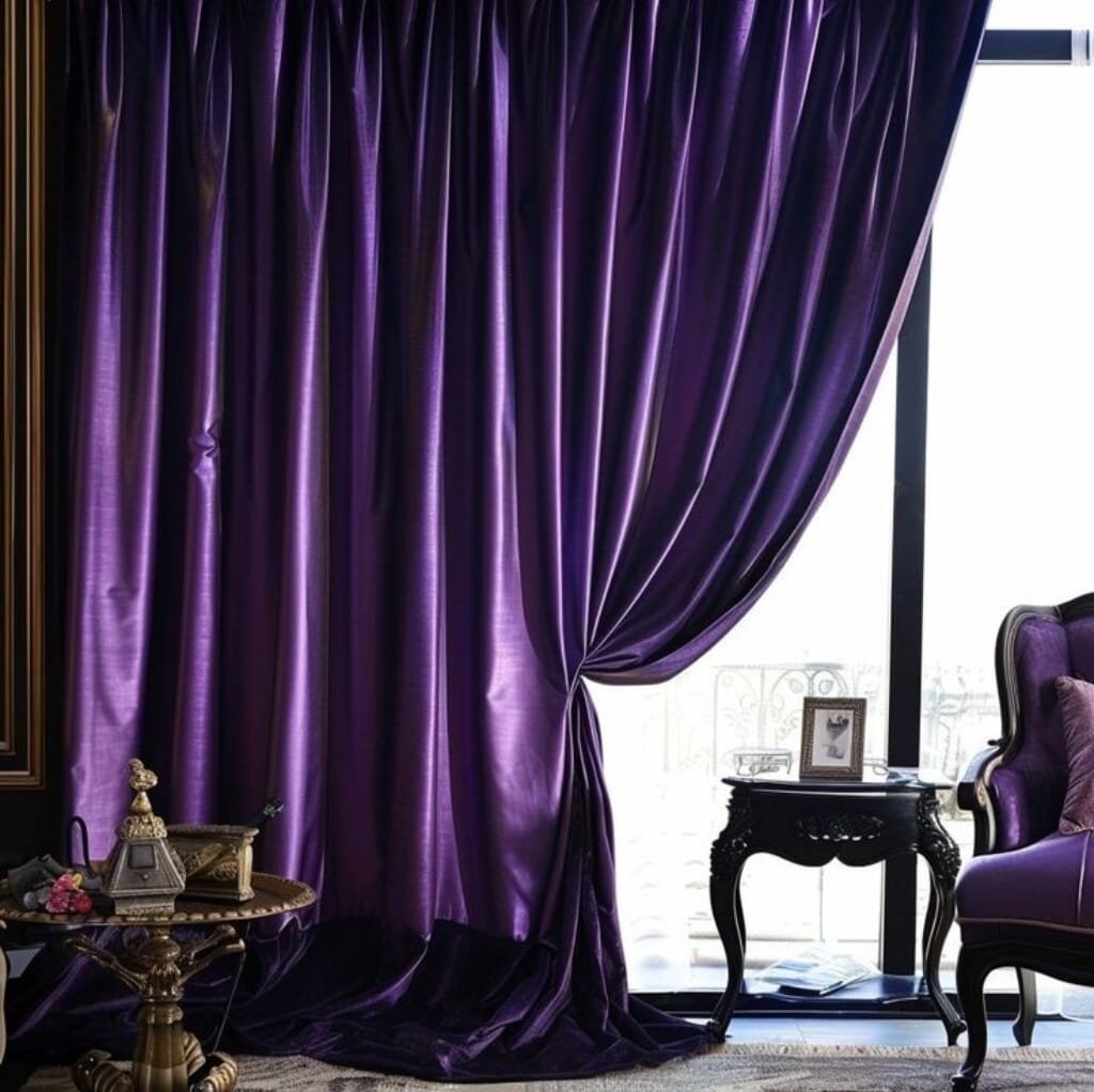 Luxurious purple velour curtains draped elegantly in a sophisticated interior space, with a slight sheen highlighting the rich fabric texture and deep color.