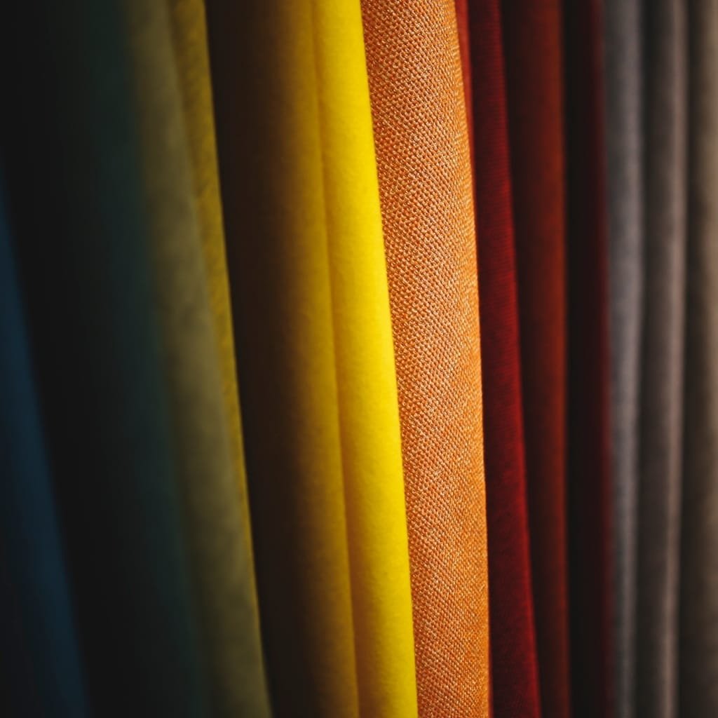 Close-up of colorful fabric rolls arranged vertically, featuring shades from dark green, yellow, orange, red, to dark gray.