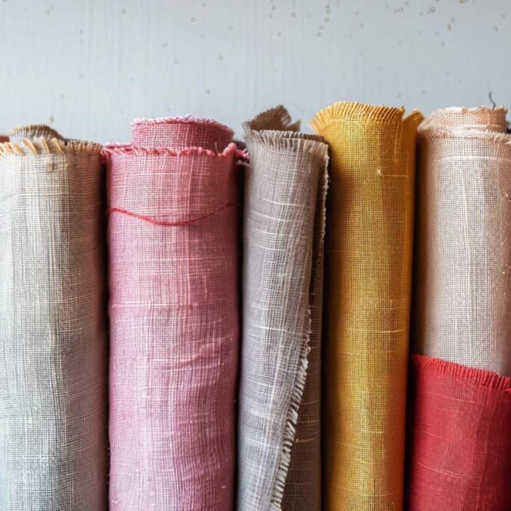 A close-up of several rolled fabric pieces standing upright, featuring different pastel and muted colors including beige, pink, gray, yellow, and red.
