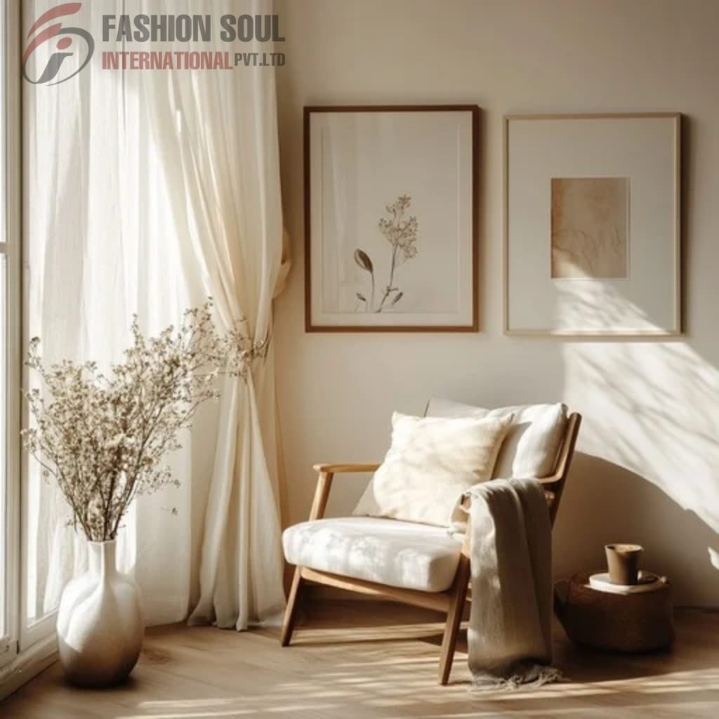 A cozy corner of a living room featuring a wooden armchair with plush cushions, a beige blanket draped over the side, a large vase with dried branches, and two framed botanical prints on the wall, all illuminated by natural sunlight streaming through a window with cream-colored curtains.