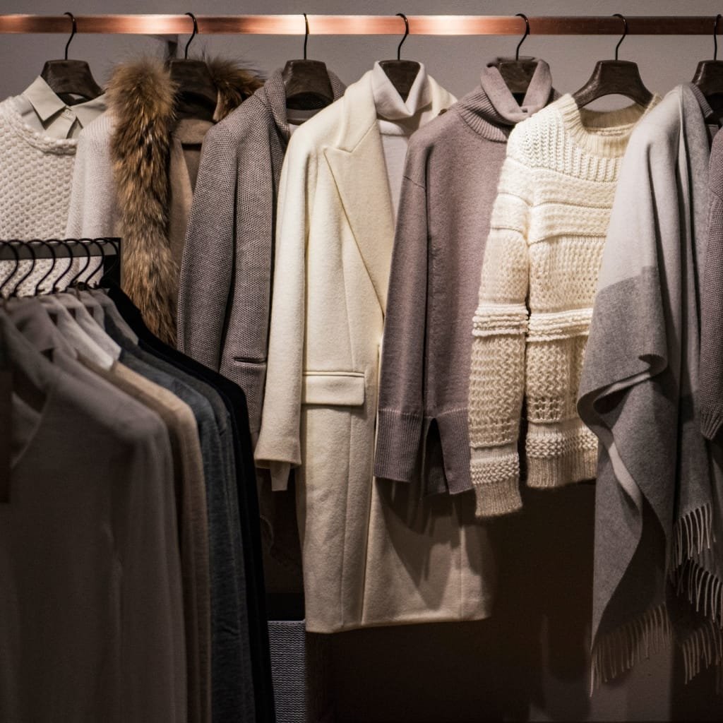 A row of fall and winter clothing with various textures and neutral tones, including corduroy garments, hanging on black hangers in a retail display. The collection features warm coats, sweaters, and scarves in shades of beige, gray, cream, and taupe.