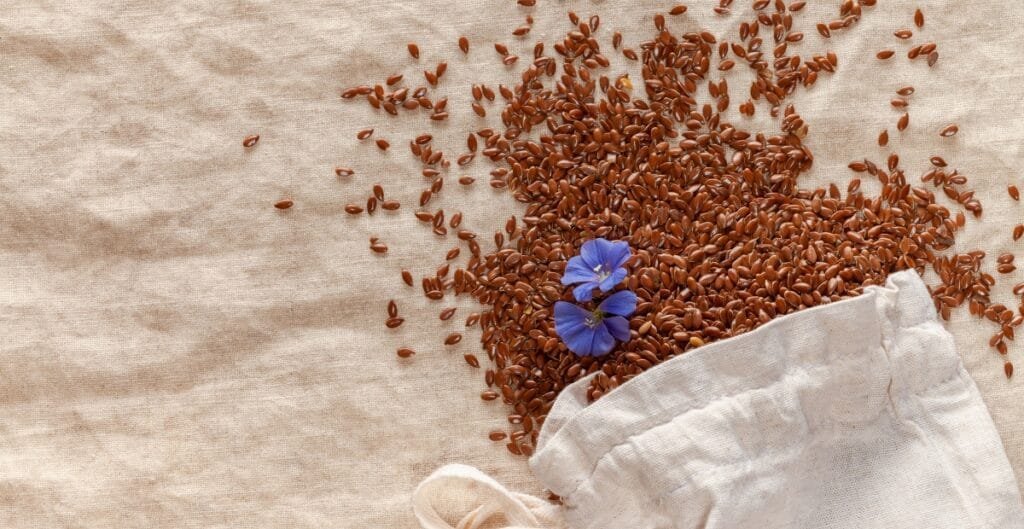 Brown flax seeds spilling out of a white cloth bag on a beige surface, with two small blue flowers resting among the seeds.
