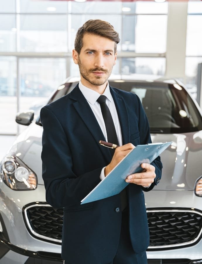 A well-dressed man in a navy sport coat, white shirt, and black tie, holding a clipboard and pen, standing in front of a car inside a showroom.