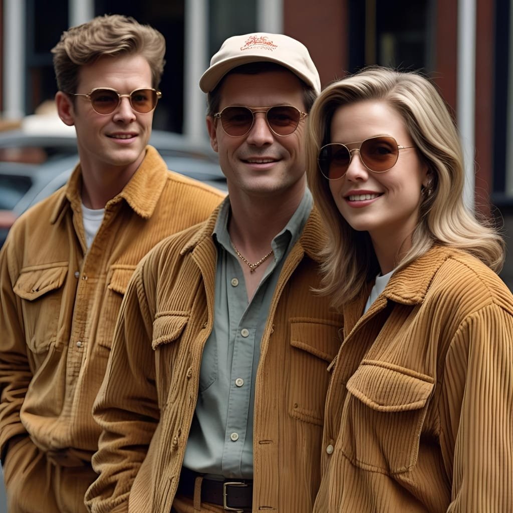 Three people standing outdoors, wearing coordinated camel-colored corduroy jackets and sunglasses, smiling at the camera.
