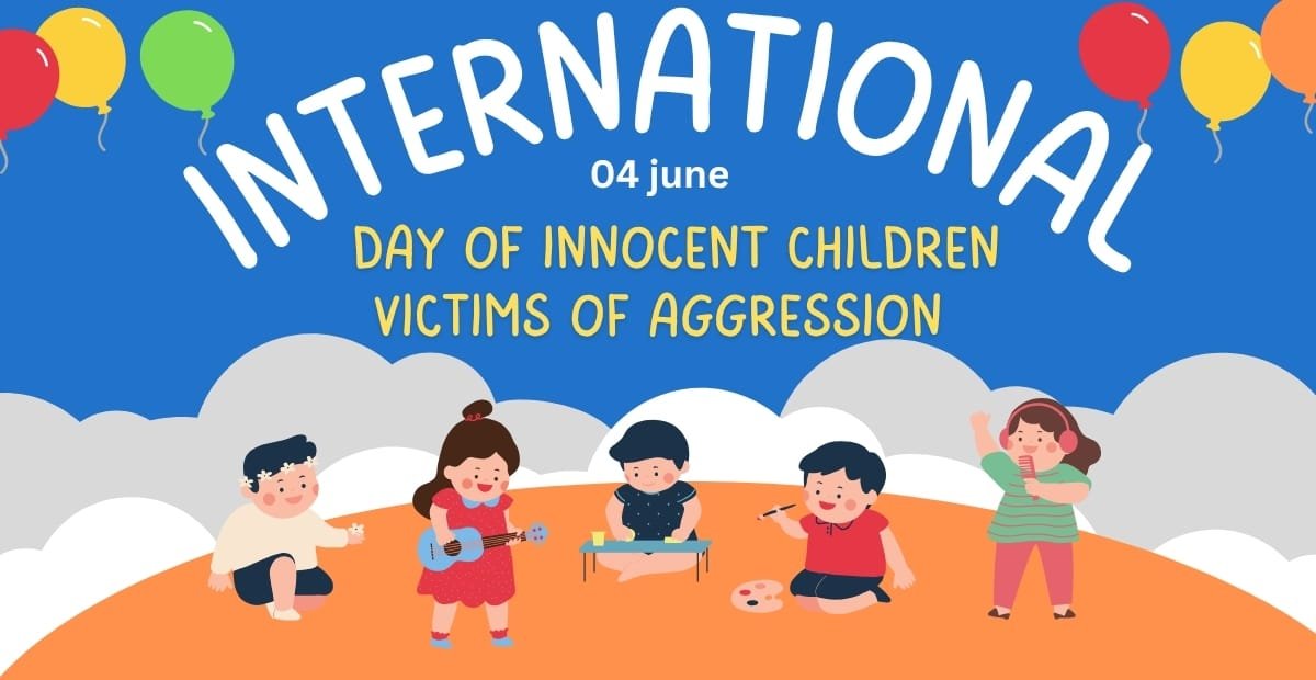 Colorful illustration for the International Day of Innocent Children Victims of Aggression on June 4, showing five happy children playing, with balloons, clouds, and a bright sky in the background.