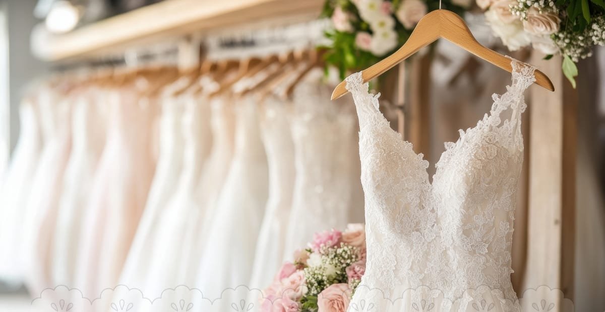 A row of elegant lace wedding dresses hanging on a wooden rack, with one lace dress prominently in the foreground, decorated with pink and white flowers.