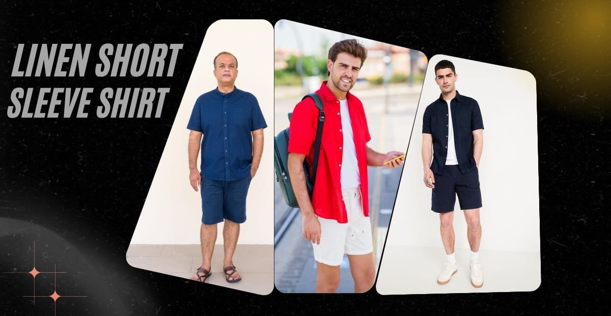 Three models wearing different styles of linen short sleeve shirts, with one in blue, one in red, and one in navy blue, standing in various poses against plain backgrounds.