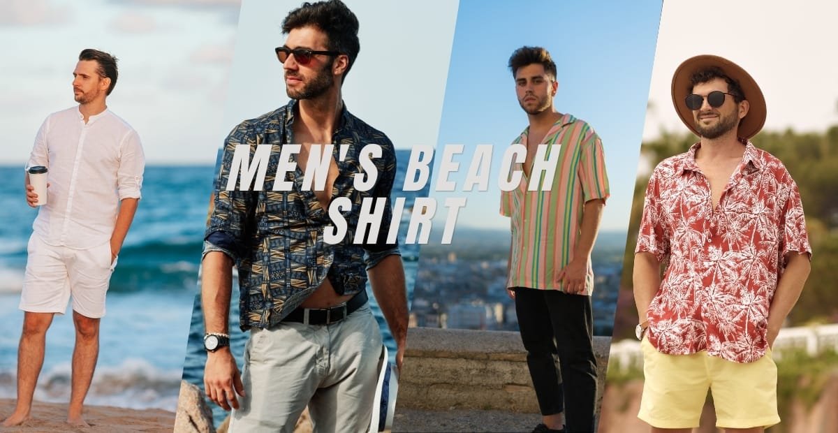 A collage of four men modeling different men's beach shirts and summer outfits at various outdoor locations.