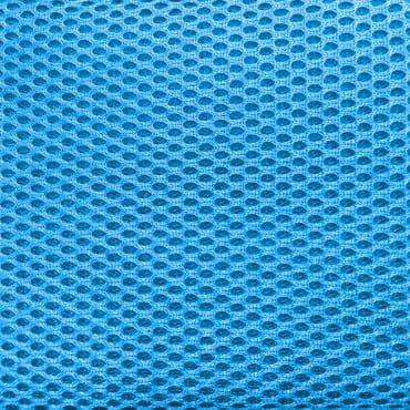Close-up image of bright blue mesh spandex fabric with a pattern of small oval holes and a stretchy, textured surface.