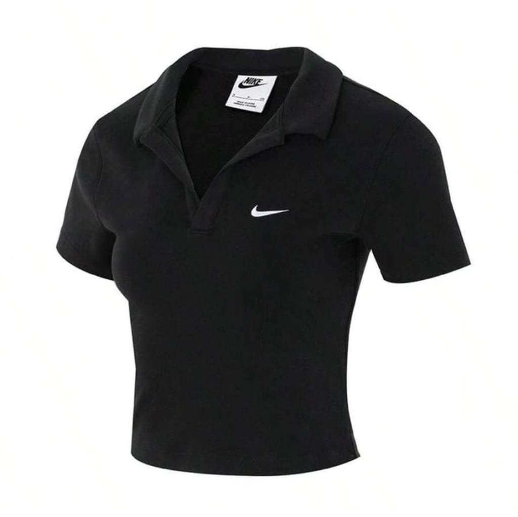 Black Nike polo shirt with white Nike swoosh logo on the chest, featuring a collar and short sleeves.