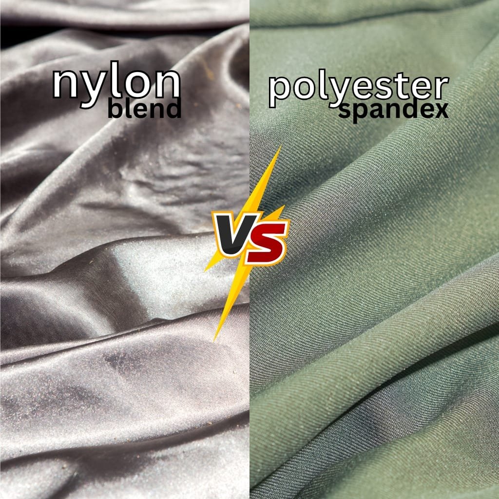 A close-up comparison of two fabric types: on the left, shiny, smooth nylon blend fabric with a reflective surface and slight wrinkles; on the right, matte, tightly woven polyester spandex fabric with a dull finish and smooth texture, with a "VS" graphic in the center.