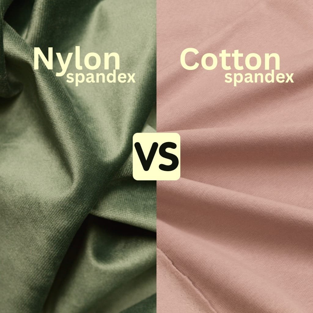 Comparison image showing close-up fabrics of nylon-spandex (left side, greenish) and cotton-spandex (right side, pinkish), with the text "Nylon spandex" over the nylon fabric and "Cotton spandex" over the cotton fabric, separated by a "vs" symbol.
