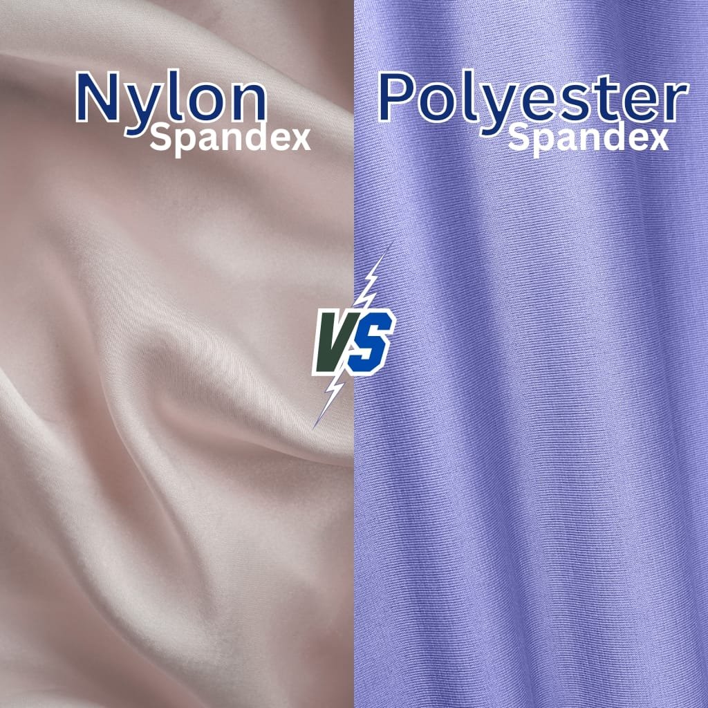 Comparison image of nylon and polyester fabrics, with nylon on the left in a soft beige color and polyester on the right in a purple hue. The words "Nylon" and "Polyester" are prominently displayed, along with "Spandex" underneath each fabric.