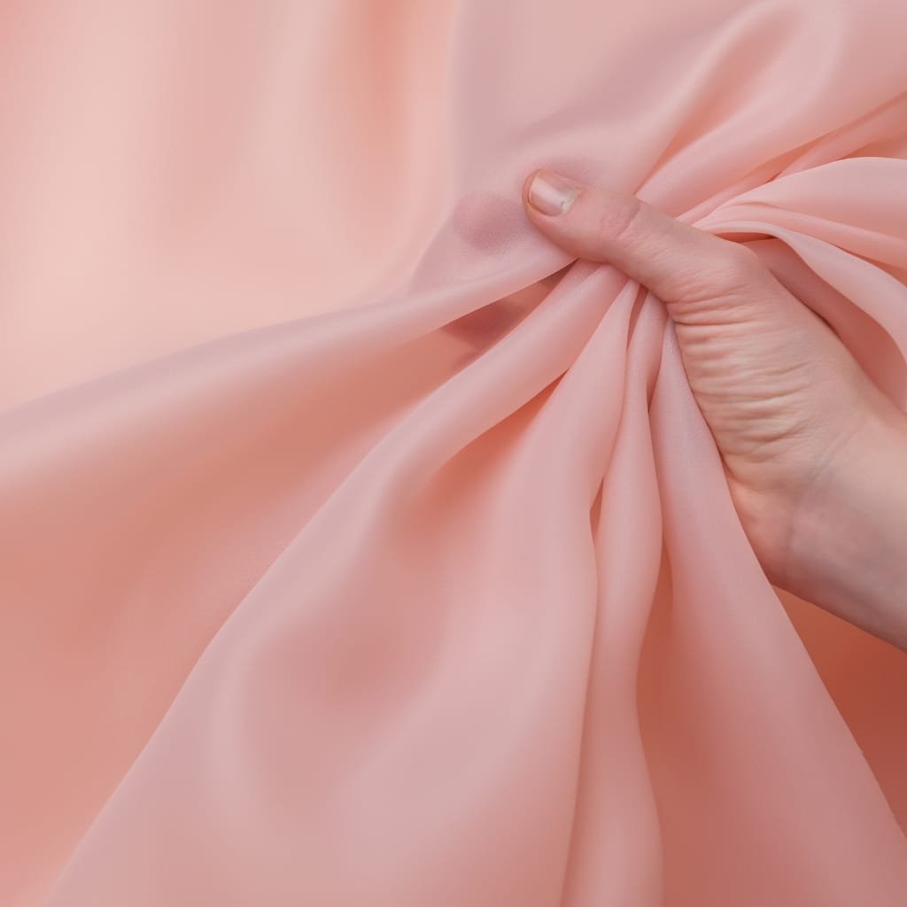 A close-up of a hand gently holding soft pink satin organza fabric, showcasing its smooth texture and delicate sheen.