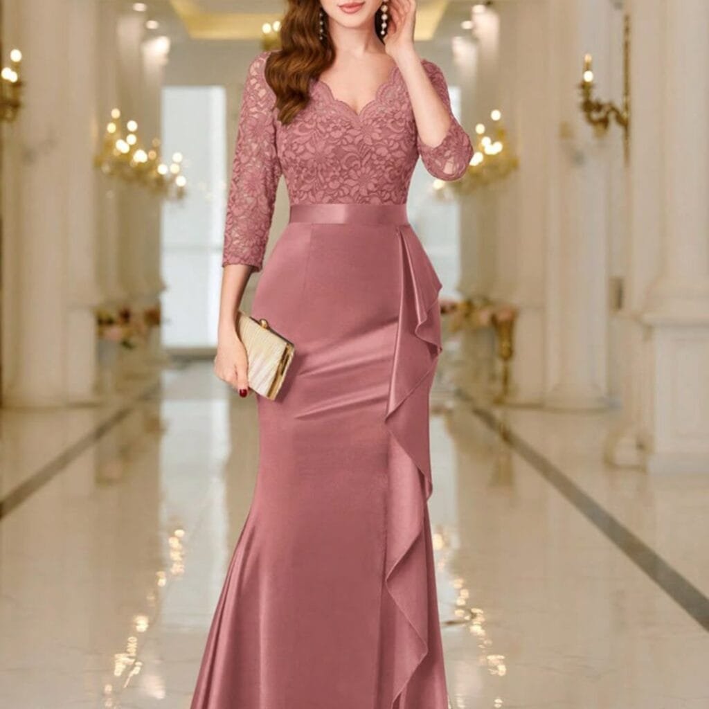 A woman wearing an elegant pastel pink lace dress with three-quarter lace sleeves, a scalloped neckline, and a fitted silhouette with ruffle detailing on the side, holding a small striped clutch bag.
