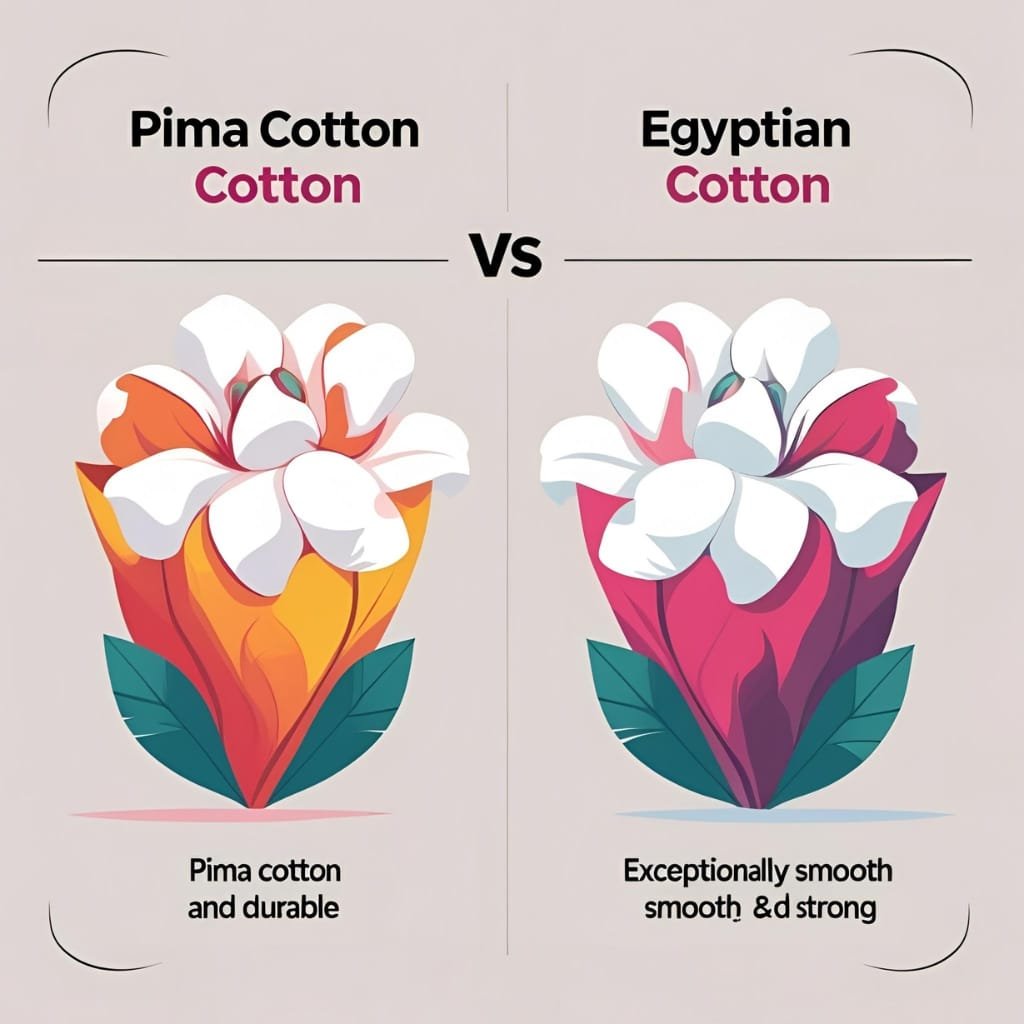 An infographic comparing Pima cotton on the left with Egyptian cotton on the right, both depicted as stylized flowers emerging from colorful, layered leaves. Pima cotton is labeled as "durable," while Egyptian cotton is noted as "exceptionally smooth, smooth & strong."