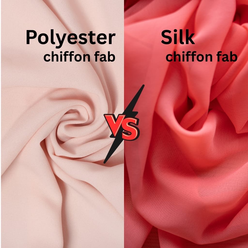 A side-by-side comparison of two chiffon fabrics, one labeled "Polyester chiffon fab" on the left in a pale pink color, and the other labeled "Silk chiffon fab" on the right in a coral pink hue, both showing a close-up of their soft, flowing textures.