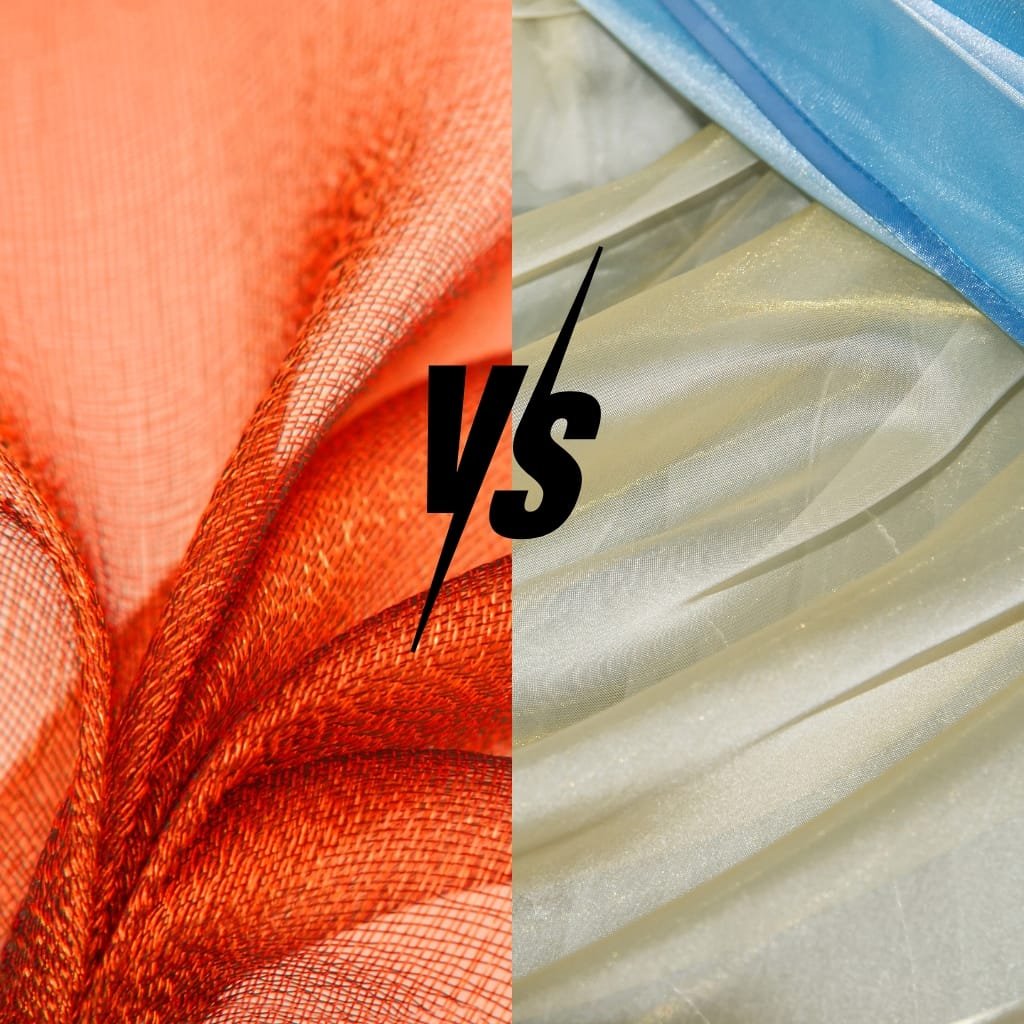 A comparison image showing two types of organza fabric: on the left, orange polyester organza with a textured, slightly stiff appearance; on the right, silk organza with a smooth, shiny, and delicate look.