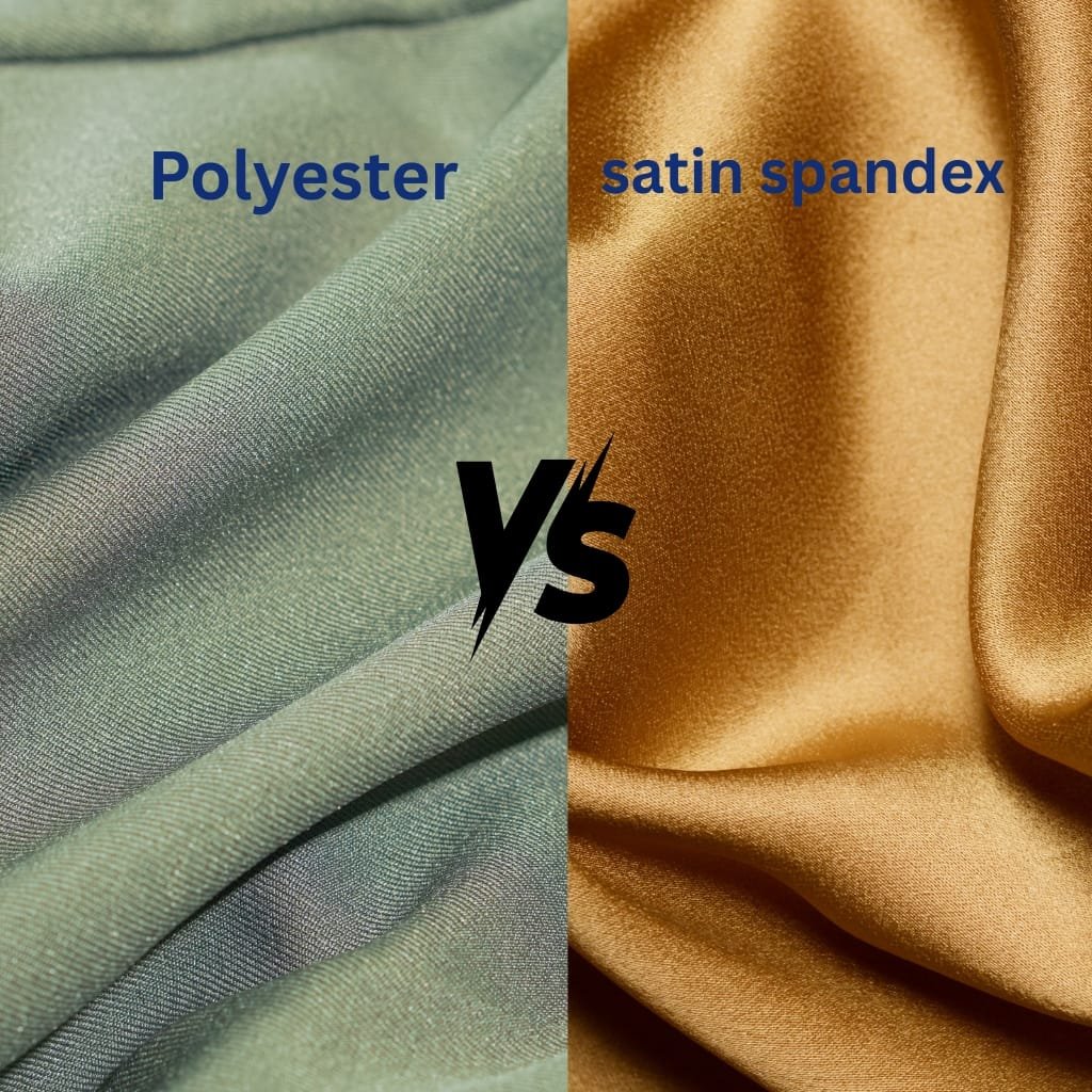 A close-up comparison of two types of fabric textures side by side. The left side shows a smooth, matte fabric labeled "Polyester," while the right side displays a shiny, lustrous fabric labeled "satin spandex." The center features a bold "VS" indicating a comparison between the two fabrics.
