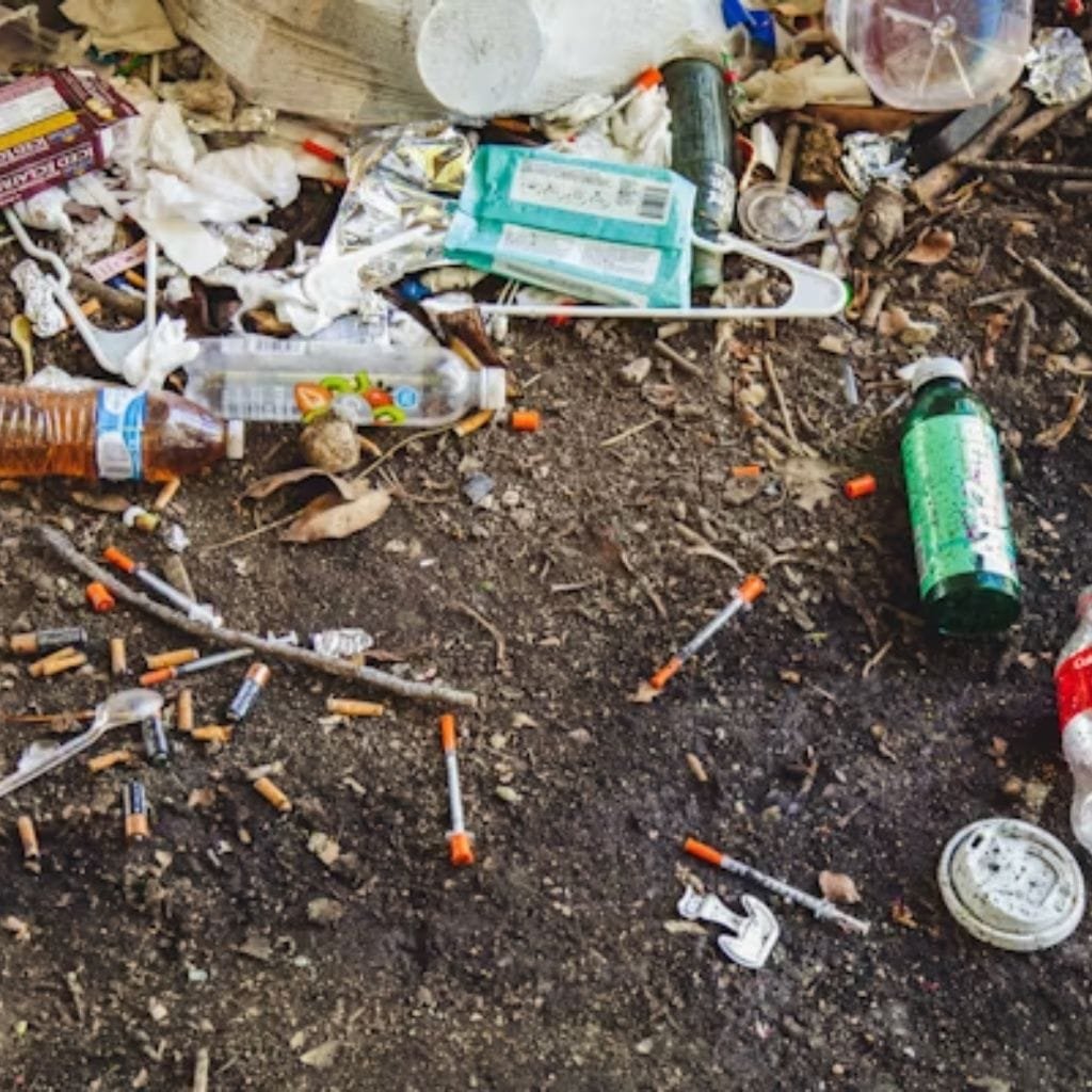 Discarded syringes, cigarette butts, and trash scattered on the ground, representing the challenges faced before rebuilding relationships in drug addiction recovery.