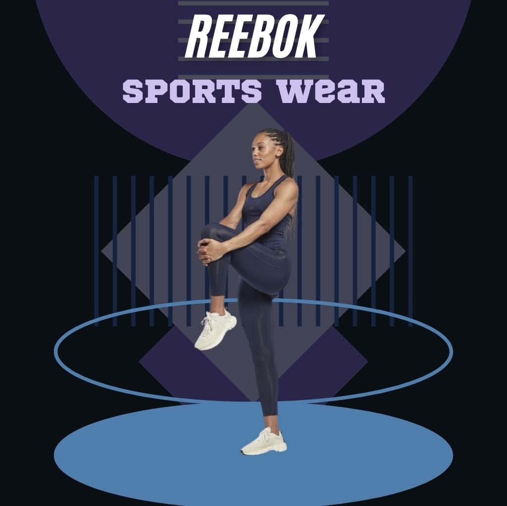 A woman in athletic wear performing a balance pose on one leg, set against a dark, geometric background with the text "Reebok Sports Wear" at the top.