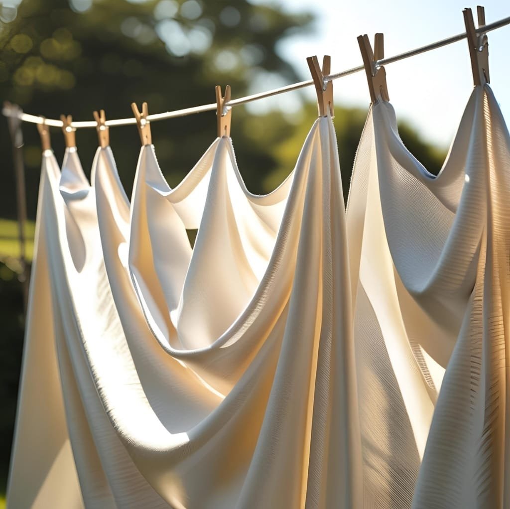 Close-up of smooth, shiny satin weave cotton fabric hanging on a clothesline with clothespins, bathed in warm sunlight.