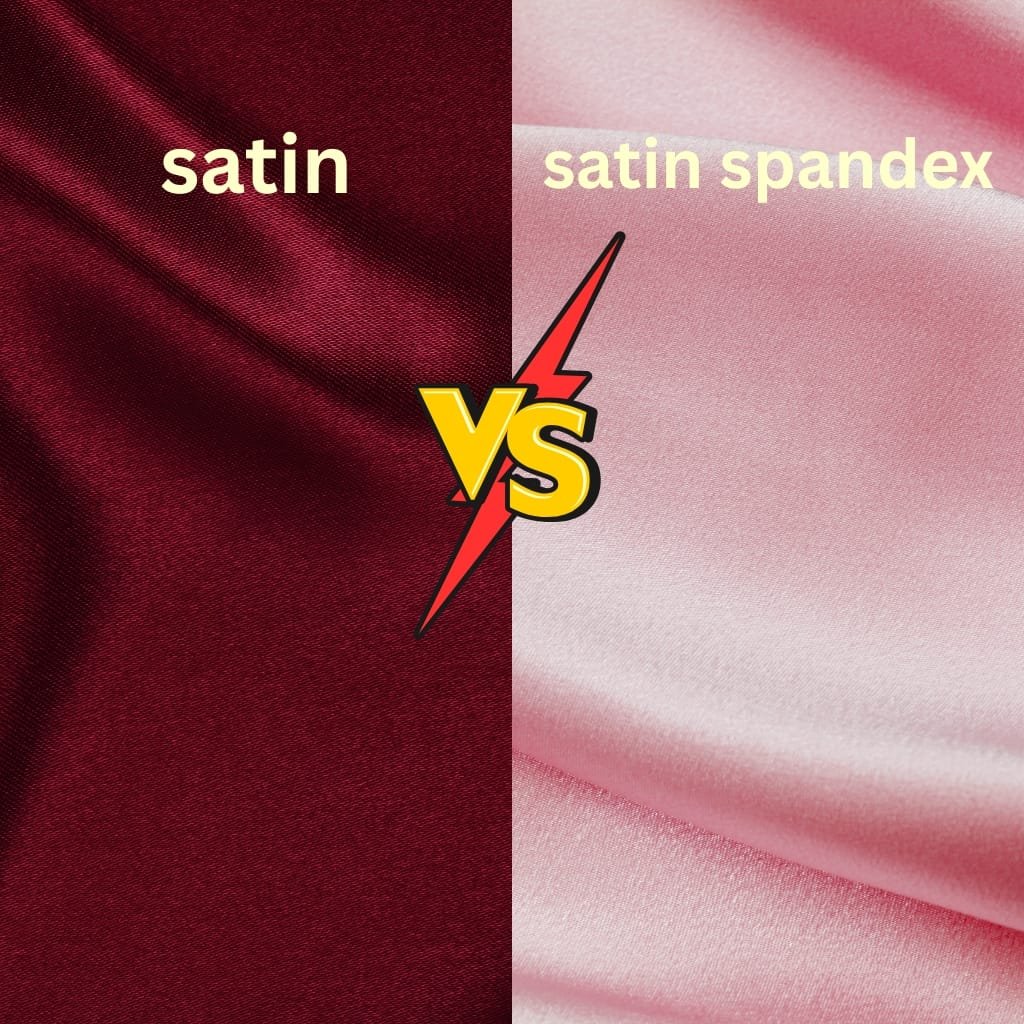 An image divided into two sections: the left side shows a deep red satin fabric labeled "satin," while the right side displays a light pink satin spandex fabric labeled "satin spandex." A bold "VS" with lightning bolts separates them, indicating a comparison.