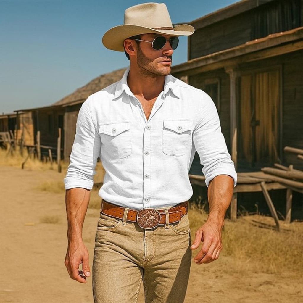 A man wearing a white cotton button-down shirt with the sleeves rolled up, beige pants, a brown belt with a decorative buckle, a wide-brimmed hat, and sunglasses, walking in a rustic, desert-like setting with wooden buildings in the background.