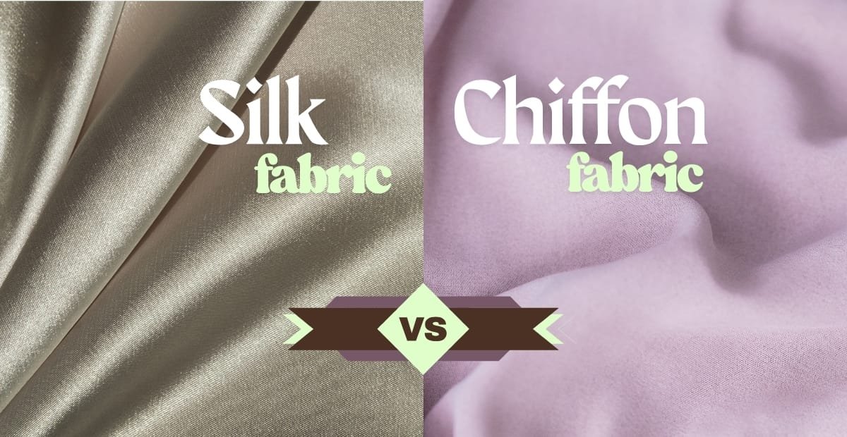 Comparison image showing fabrics magnified to highlight their textures, with silk on the left and chiffon on the right, along with the words "Silk fabric" and "Chiffon fabric" overlaid.
