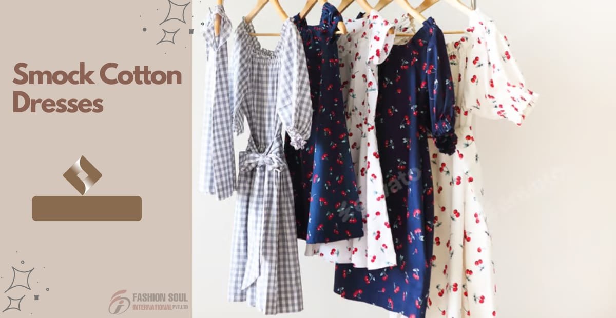 A display of five cotton dresses hanging on a rack. The dresses feature various floral and checkered patterns in shades of blue, white, and red, with some having smock details and puffed sleeves.
