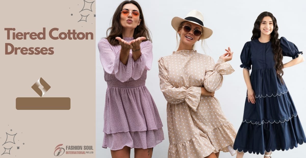 A promotional image showcasing three women wearing different-tiered cotton dresses in pastel and dark colors, each accessorized and posing cheerfully.