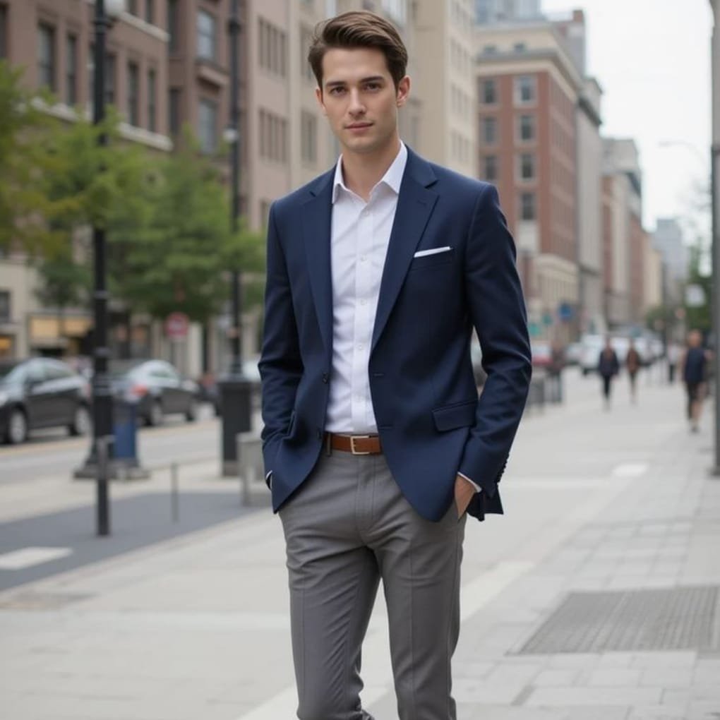 Alt Text: A young man dressed in a smart-casual outfit, wearing a navy blue sport coat over a white polo shirt, paired with light gray trousers, standing on a city street.
