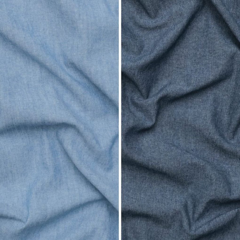 Close-up image showing two different types of denim fabric. The left side features lighter denim chambray, and the right side shows darker, more textured denim fabric, both with a wrinkled appearance.