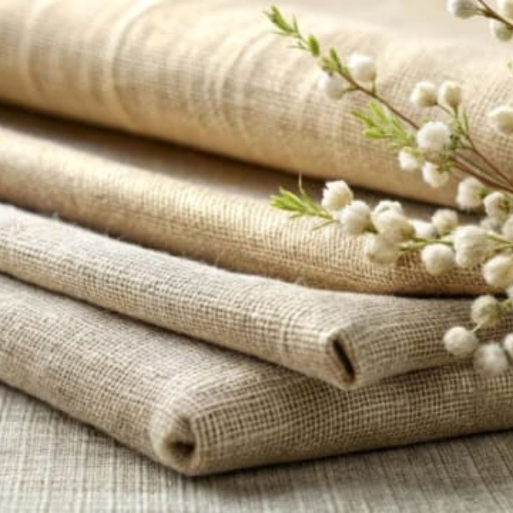 Close-up photo of neatly folded beige linen fabric with a sprig of small white flowers, creating a soft, natural, and elegant scene