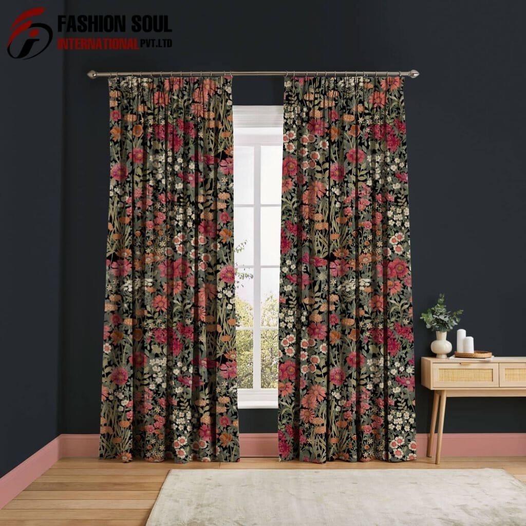A window with floral curtains on a dark wall, featuring a bright outdoor scene visible through the window. To the right, there's a light wooden console table decorated with a potted plant and white candles.