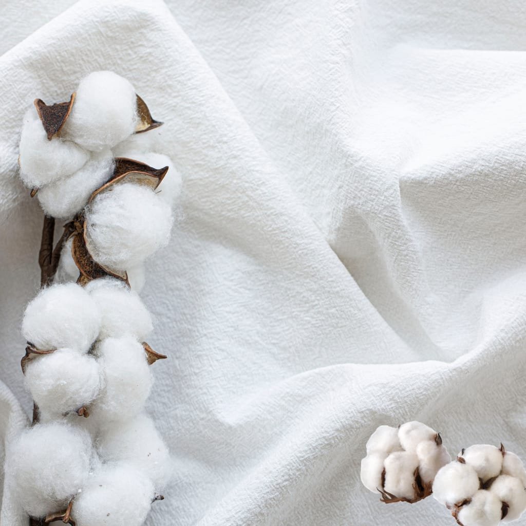 Close-up of cotton bolls and a textured white fabric surface.