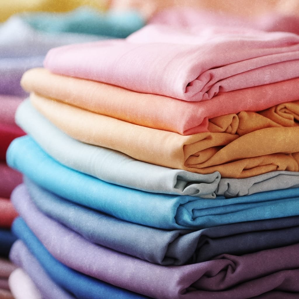 A neatly folded pile of colorful mercerized cotton fabric in various pastel shades, including pink, peach, blue, purple, and gray.