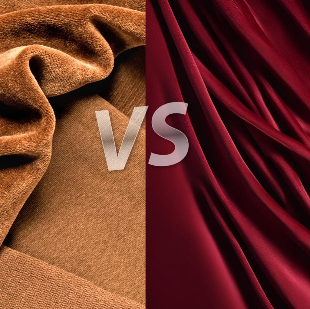 A split-screen image comparing two types of fabric: on the left, brown velour with a soft, plush texture; on the right, deep red velvet with a smooth, shiny surface and rich folds. The center features a transparent "VS" indicating a comparison between the two.