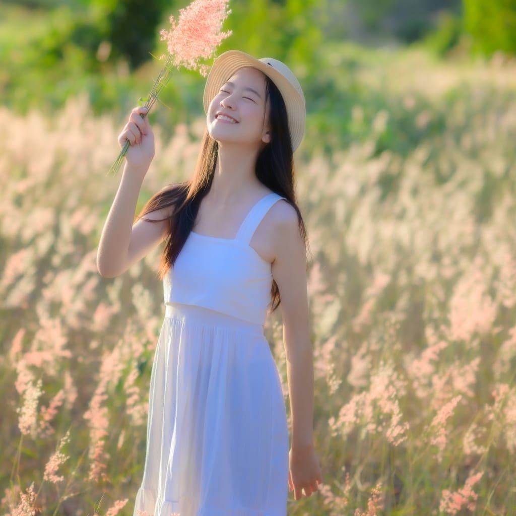 A woman standing in a field of pink flowers, wearing a flowing white dress made from cupro fabric, smiling with her eyes closed.