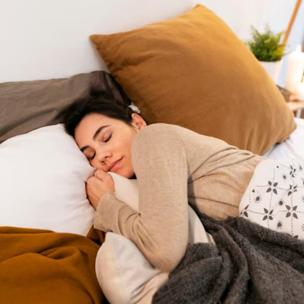 A woman peacefully sleeping on her side in bed, cuddling a white pillow with a large brown pillow behind her.