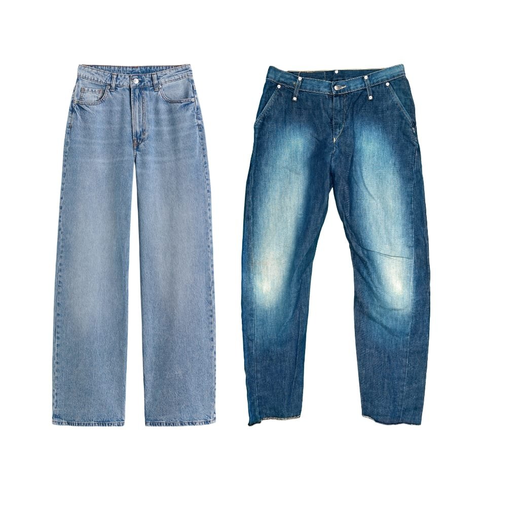 Two pairs of blue denim jeans, one in a light wash and the other in a darker wash with distressed details, displayed side by side against a white background.