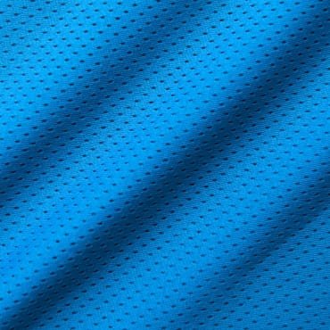 Close-up image of blue mesh spandex fabric showing its fine, perforated, and flexible texture.