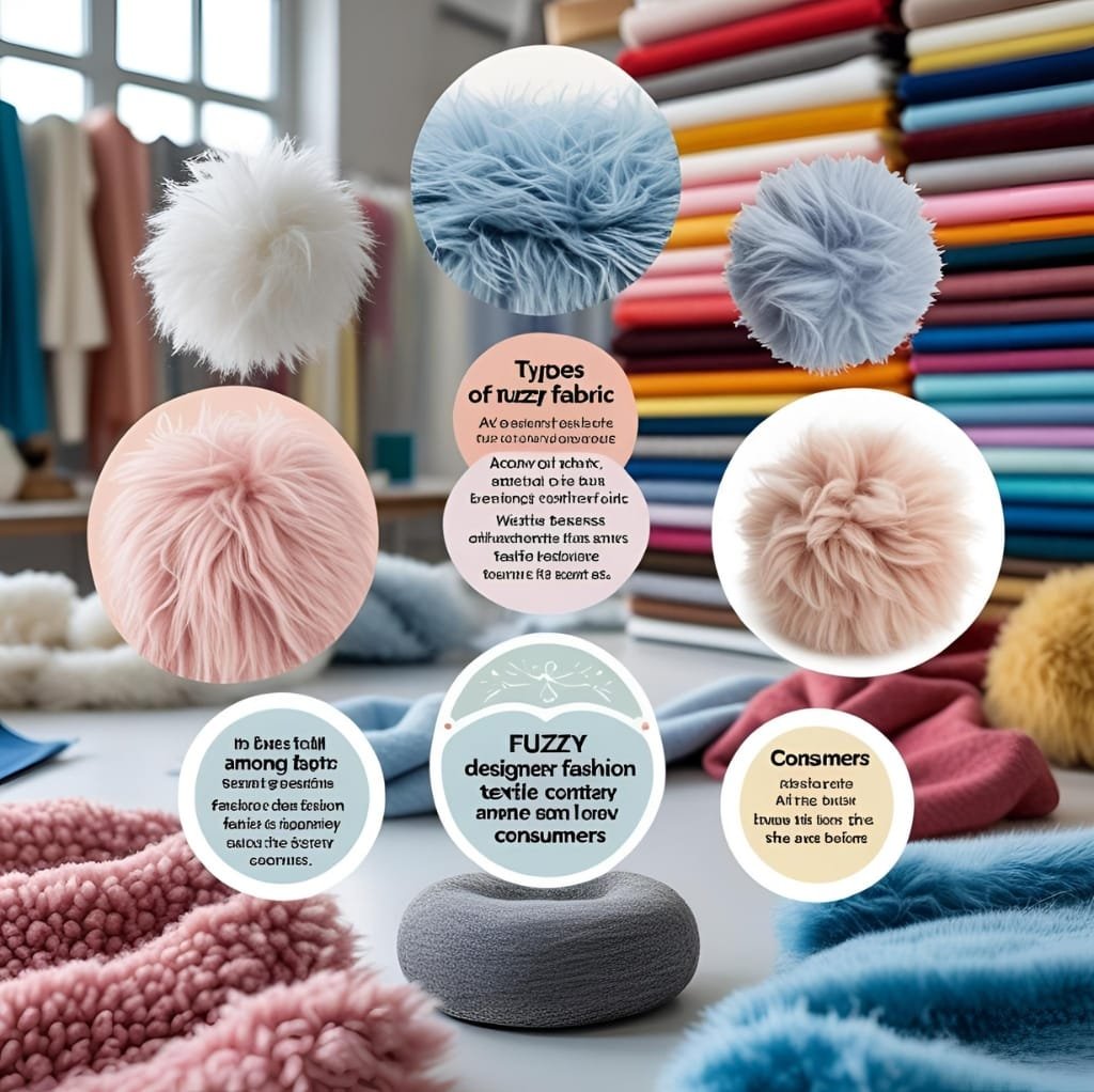 A colorful display of fuzzy fabric samples on a table with fabric rolls in the background, featuring floating circular text boxes with information about fuzzy fabric types and popularity.