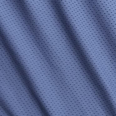 Close-up image of blue mesh spandex fabric showing its fine, perforated, and stretchy texture.