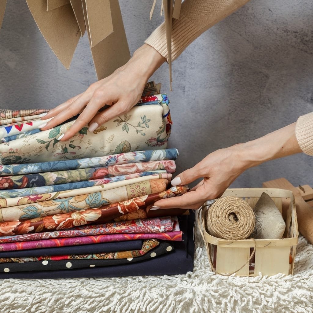 Two hands are carefully folding and organizing a stack of colorful, patterned fabric on a textured white surface. To the right, there is a small wooden basket containing balls of twine or yarn.